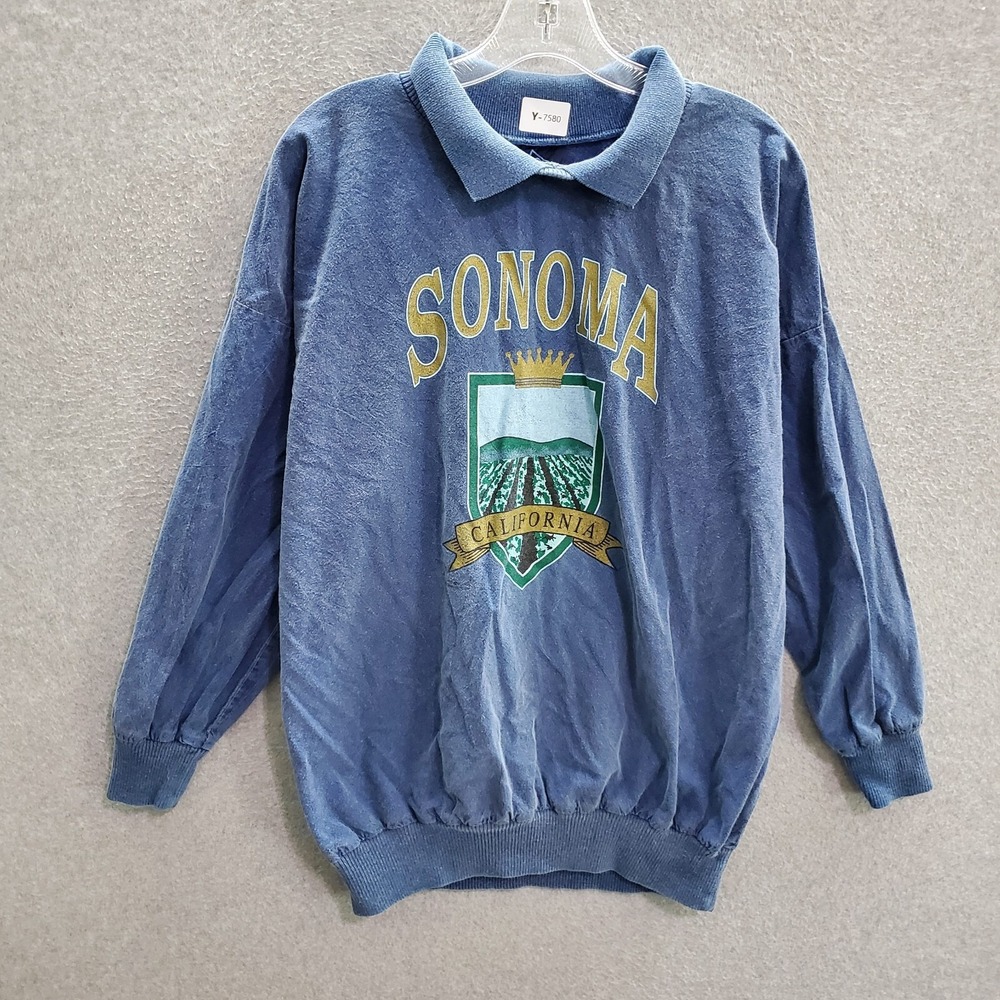 VINTAGE Sonoma Women Sweater 2‎ Blue California Wek The World Long Sleeve Collar